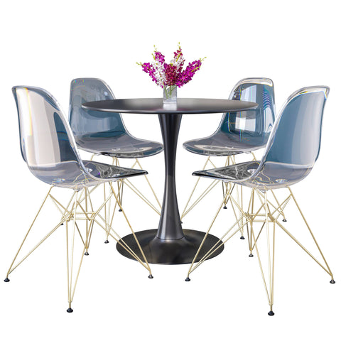 Bristol 5-Piece Dining Set 35" Round Dining Table in Black Iron - 4 ABS Plastic Side Chair in Gold