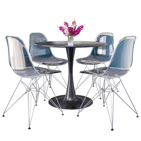 Bristol 5-Piece Dining Set 35" Round Dining Table in Black Iron - 4 ABS Plastic Side Chair in Chrome