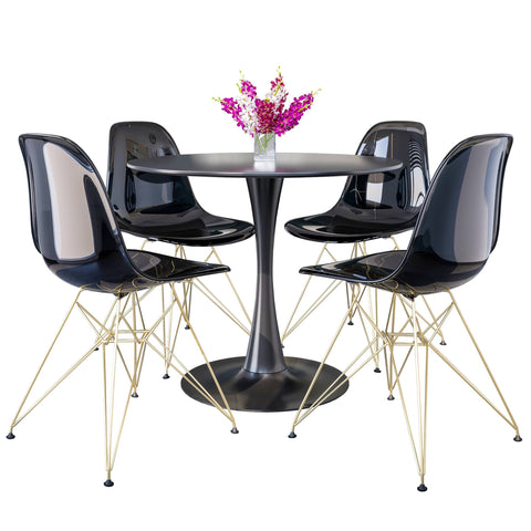 Bristol 5-Piece Dining Set 35" Round Dining Table in Black Iron - 4 ABS Plastic Side Chair in Gold