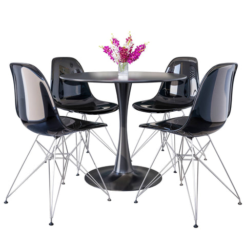 Bristol 5-Piece Dining Set 35" Round Dining Table in Black Iron - 4 ABS Plastic Side Chair in Chrome