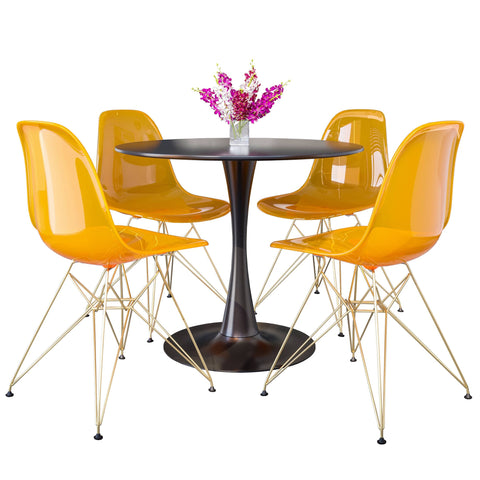 Bristol 5-Piece Dining Set 35" Round Dining Table in Black Iron - 4 ABS Plastic Side Chair in Gold