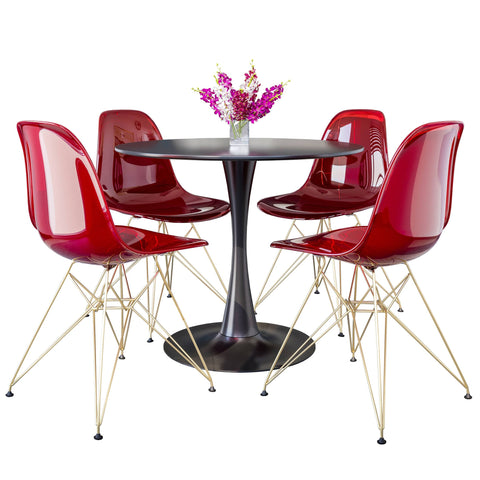 Bristol 5-Piece Dining Set 35" Round Dining Table in Black Iron - 4 ABS Plastic Side Chair in Gold