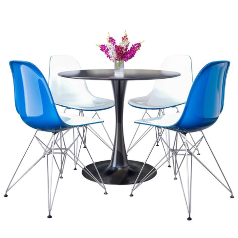 Bristol 5-Piece Dining Set 35" Round Dining Table in Black Iron - 4 ABS Plastic Side Chair in Chrome