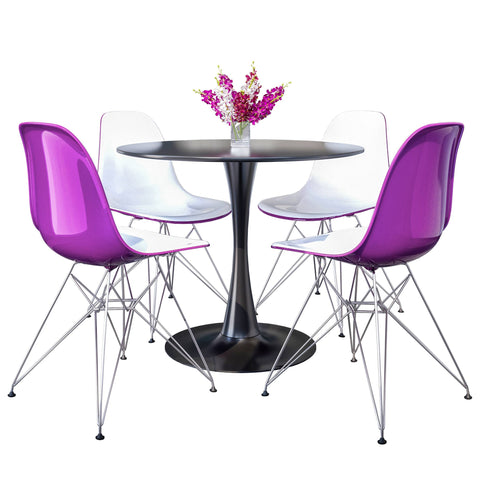 Bristol 5-Piece Dining Set 35" Round Dining Table in Black Iron - 4 ABS Plastic Side Chair in Chrome