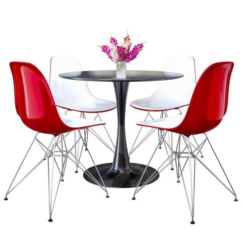 Bristol 5-Piece Dining Set 35" Round Dining Table in Black Iron - 4 ABS Plastic Side Chair in Chrome