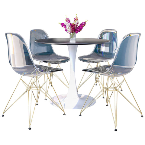 Bristol 5-Piece Dining Set with 35" Round Dining Table and 4 ABS Plastic Chairs with Gold Base