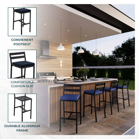 Chelsea Modern Patio Bar Chair in Powder-Coated Aluminum with Removable Cushion Set of 4