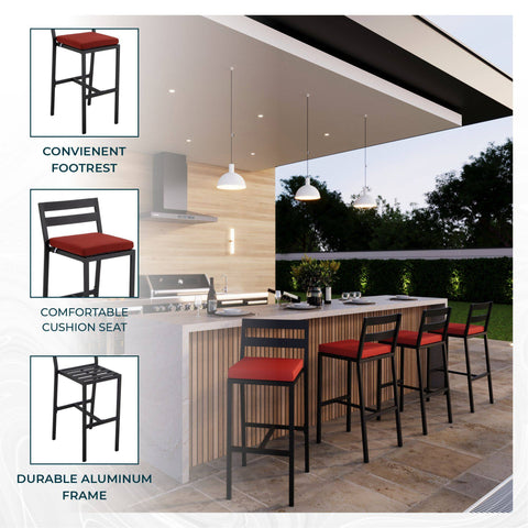 Chelsea Modern Patio Bar Chair in Powder-Coated Aluminum with Removable Cushion Set of 4