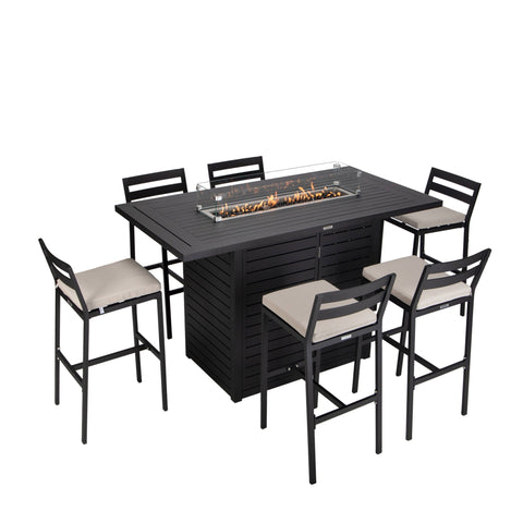 Chelsea 7-Piece Patio Bar Set: Aluminum Fire Pit Table with Tank Holder & 6 Barstools with Cushions