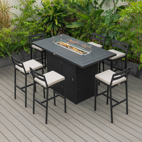 Chelsea 7-Piece Patio Bar Set: Aluminum Fire Pit Table with Tank Holder & 6 Barstools with Cushions