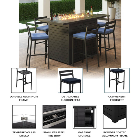 Chelsea 5-Piece Patio Bar Set: Aluminum Fire Pit Table with Tank Holder & 4 Barstools with Cushions