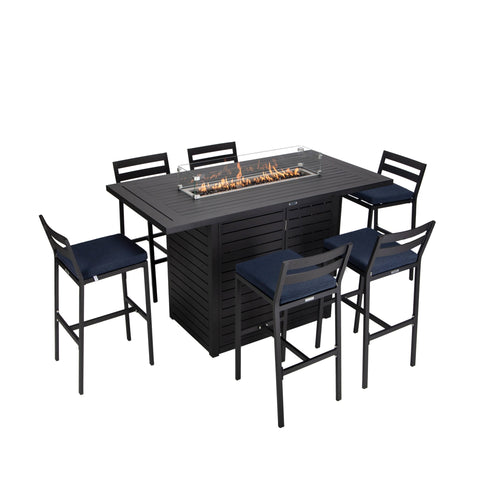 Chelsea 7-Piece Patio Bar Set: Aluminum Fire Pit Table with Tank Holder & 6 Barstools with Cushions