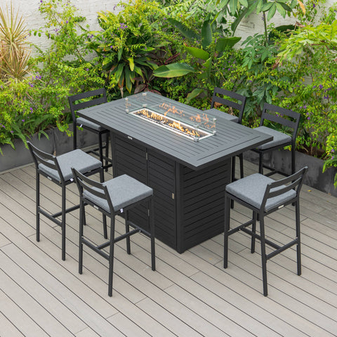 Chelsea 7-Piece Patio Bar Set: Aluminum Fire Pit Table with Tank Holder & 6 Barstools with Cushions