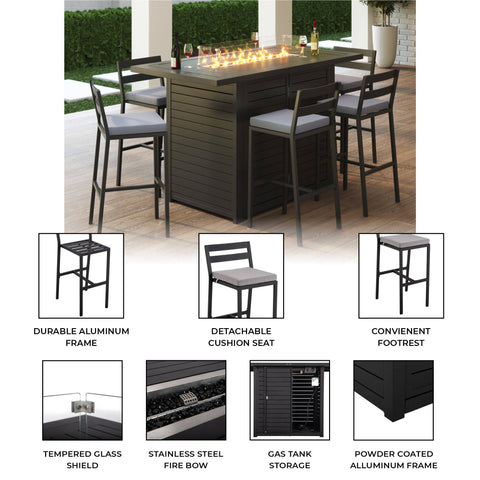 Chelsea 7-Piece Patio Bar Set: Aluminum Fire Pit Table with Tank Holder & 6 Barstools with Cushions