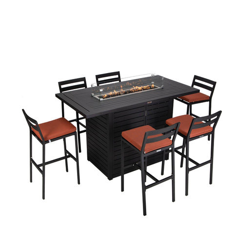 Chelsea 7-Piece Patio Bar Set: Aluminum Fire Pit Table with Tank Holder & 6 Barstools with Cushions