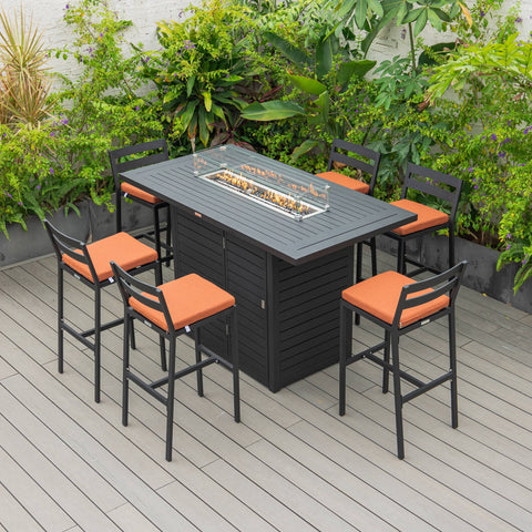 Chelsea 7-Piece Patio Bar Set: Aluminum Fire Pit Table with Tank Holder & 6 Barstools with Cushions