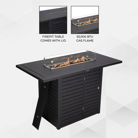 Chelsea Rectangular Aluminum Fire Pit Bar Table with Lid Glass Guard and Tank Holder