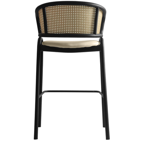 Ervilla Wicker Bar Stool with Leather Seat and Black Stainless Steel Frame