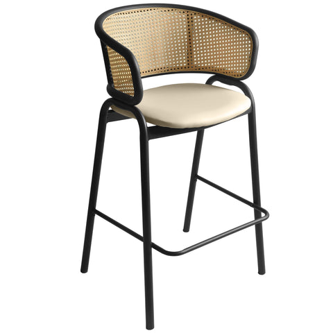 Ervilla Wicker Bar Stool with Leather Seat and Black Stainless Steel Frame