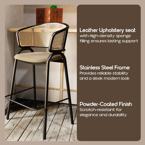 Ervilla Wicker Bar Stool with Leather Seat and Black Stainless Steel Frame