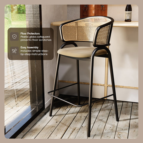 Ervilla Wicker Bar Stool with Leather Seat and Black Stainless Steel Frame