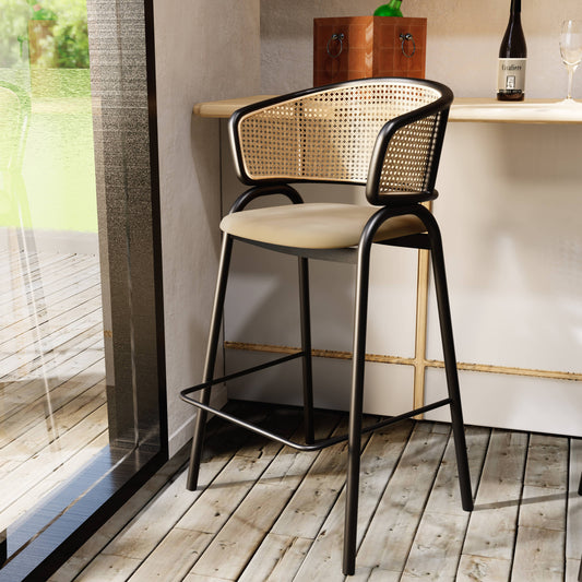 Ervilla Wicker Bar Stool with Leather Seat and Black Stainless Steel Frame