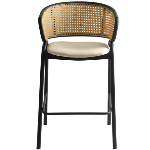 Ervilla Wicker Bar Stool with Leather Seat and Black Stainless Steel Frame