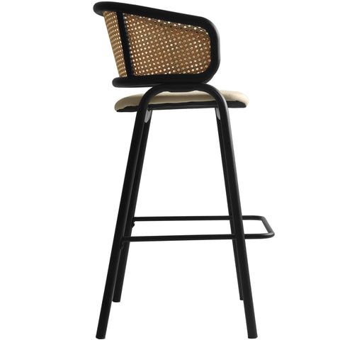 Ervilla Wicker Bar Stool with Leather Seat and Black Stainless Steel Frame