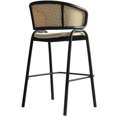 Ervilla Wicker Bar Stool with Leather Seat and Black Stainless Steel Frame