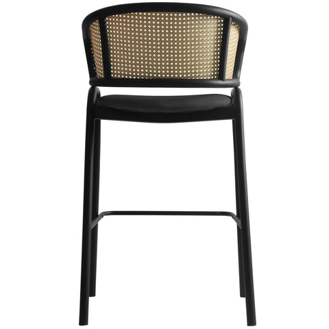 Ervilla Wicker Bar Stool with Leather Seat and Black Stainless Steel Frame