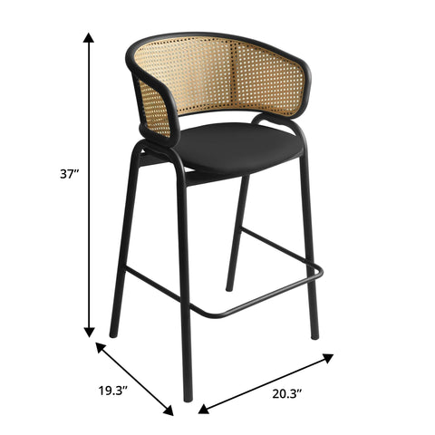 Ervilla Wicker Bar Stool with Leather Seat and Black Stainless Steel Frame