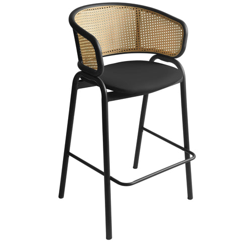 Ervilla Wicker Bar Stool with Leather Seat and Black Stainless Steel Frame