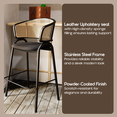 Ervilla Wicker Bar Stool with Leather Seat and Black Stainless Steel Frame