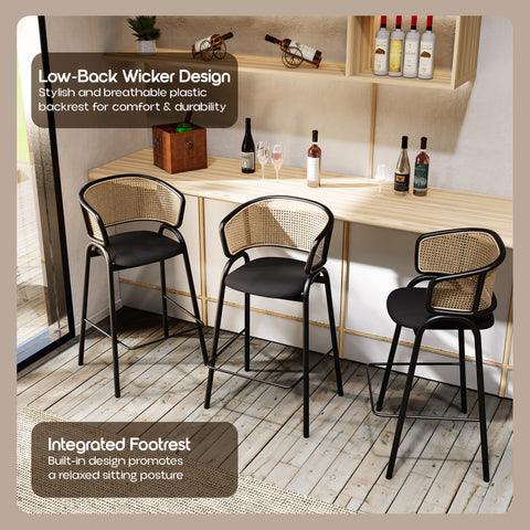 Ervilla Wicker Bar Stool with Leather Seat and Black Stainless Steel Frame