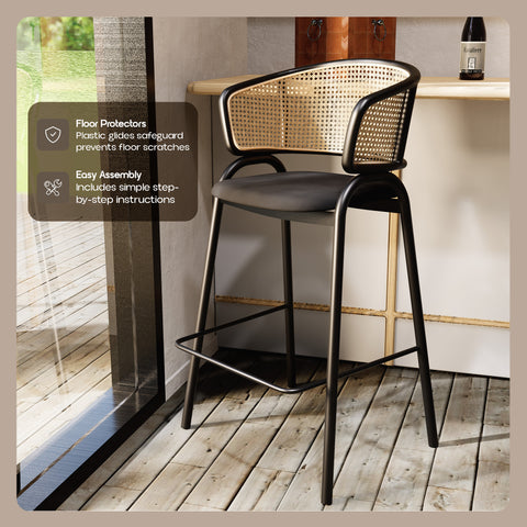 Ervilla Wicker Bar Stool with Leather Seat and Black Stainless Steel Frame