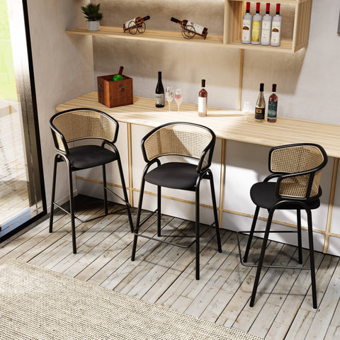 Ervilla Wicker Bar Stool with Leather Seat and Black Stainless Steel Frame