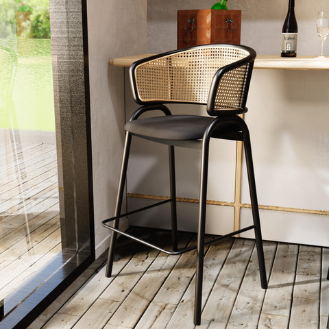 Ervilla Wicker Bar Stool with Leather Seat and Black Stainless Steel Frame