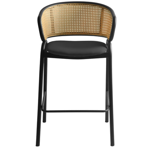 Ervilla Wicker Bar Stool with Leather Seat and Black Stainless Steel Frame