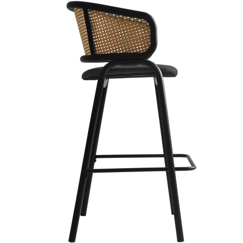 Ervilla Wicker Bar Stool with Leather Seat and Black Stainless Steel Frame