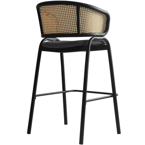 Ervilla Wicker Bar Stool with Leather Seat and Black Stainless Steel Frame