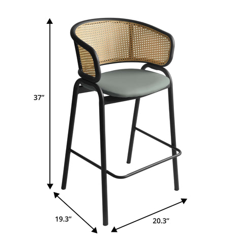 Ervilla Wicker Bar Stool with Leather Seat and Black Stainless Steel Frame