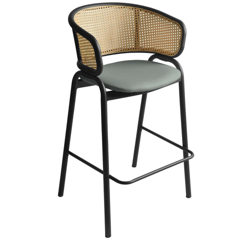 Ervilla Wicker Bar Stool with Leather Seat and Black Stainless Steel Frame