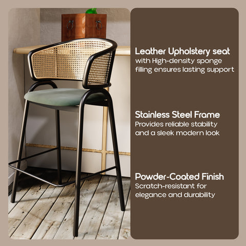 Ervilla Wicker Bar Stool with Leather Seat and Black Stainless Steel Frame