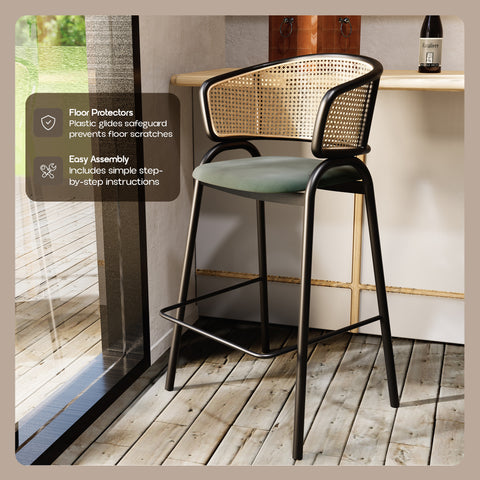 Ervilla Wicker Bar Stool with Leather Seat and Black Stainless Steel Frame