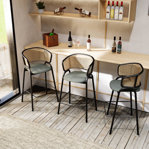 Ervilla Wicker Bar Stool with Leather Seat and Black Stainless Steel Frame