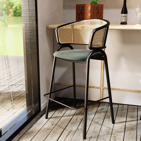 Ervilla Wicker Bar Stool with Leather Seat and Black Stainless Steel Frame