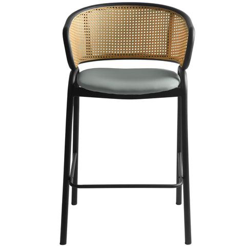 Ervilla Wicker Bar Stool with Leather Seat and Black Stainless Steel Frame