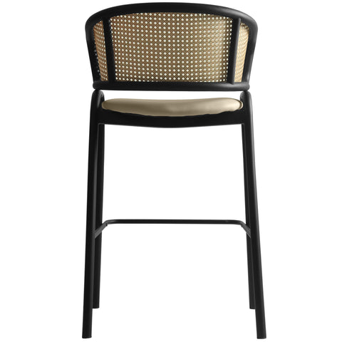 Ervilla Wicker Bar Stool with Leather Seat and Black Stainless Steel Frame