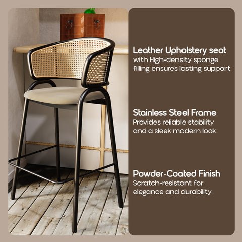 Ervilla Wicker Bar Stool with Leather Seat and Black Stainless Steel Frame