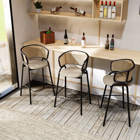 Ervilla Wicker Bar Stool with Leather Seat and Black Stainless Steel Frame